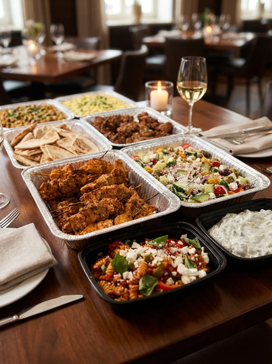 Tati catering spread with ready-to-serve trays and salads